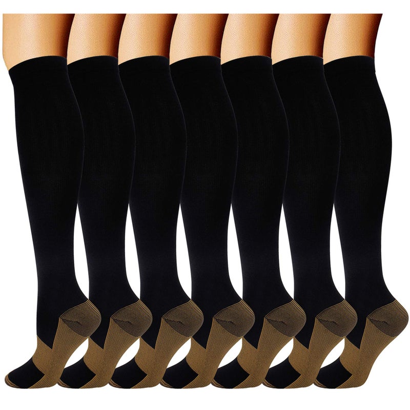 Double Couple 7 Pairs Copper Compression Socks for Men Women 2030 mmHg Knee High Stockings XXLarge Black